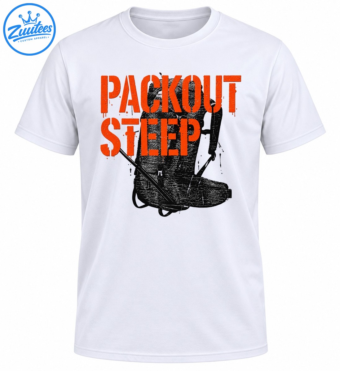 Packout Steep shirt design with distressed orange stencil lettering and a rugged black and gray hiking boot graphic Packout Steep shirt design with distressed orange stencil lettering and a rugged black and gray hiking boot graphic