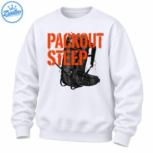 Packout Steep shirt design with distressed orange stencil lettering and a rugged black and gray hiking boot graphic