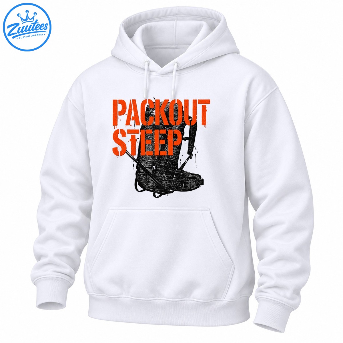 Packout Steep shirt design with distressed orange stencil lettering and a rugged black and gray hiking boot graphic Packout Steep shirt design with distressed orange stencil lettering and a rugged black and gray hiking boot graphic