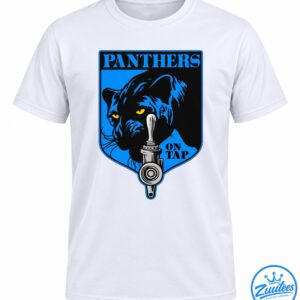 PANTHERS ON TAP graphic featuring a black panther with blue highlights, golden eyes, a silver beer tap, and a blue shield.
