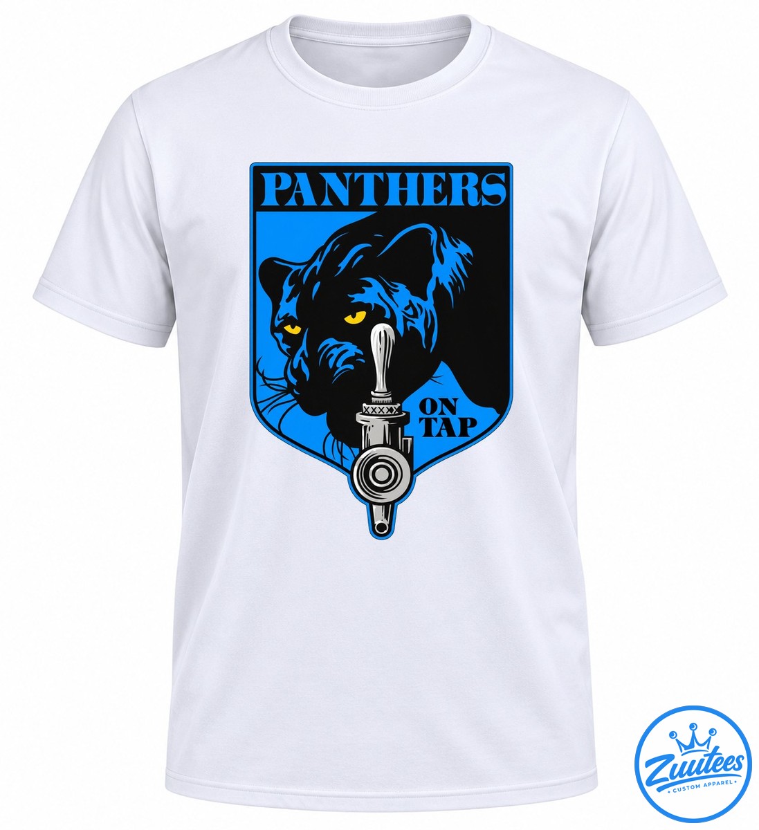 PANTHERS ON TAP graphic featuring a black panther with blue highlights, golden eyes, a silver beer tap, and a blue shield. PANTHERS ON TAP graphic featuring a black panther with blue highlights, golden eyes, a silver beer tap, and a blue shield.