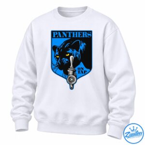 PANTHERS ON TAP graphic featuring a black panther with blue highlights, golden eyes, a silver beer tap, and a blue shield.