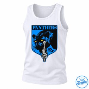 PANTHERS ON TAP graphic featuring a black panther with blue highlights, golden eyes, a silver beer tap, and a blue shield.