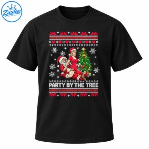 Party By The Tree Christmas shirt design with playful Santa artwork, a decorated tree, snowflakes, presents, and festive knit patterns