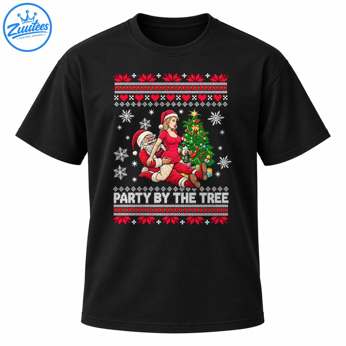 Party By The Tree Christmas shirt design with playful Santa artwork, a decorated tree, snowflakes, presents, and festive knit patterns Party By The Tree Christmas shirt design with playful Santa artwork, a decorated tree, snowflakes, presents, and festive knit patterns