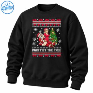 Party By The Tree Christmas shirt design with playful Santa artwork, a decorated tree, snowflakes, presents, and festive knit patterns