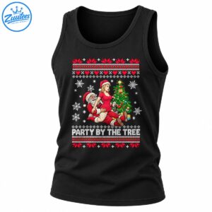 Party By The Tree Christmas shirt design with playful Santa artwork, a decorated tree, snowflakes, presents, and festive knit patterns