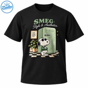 Snoopy in sunglasses and a green sweater beside a mint green retro refrigerator with checkerboard flooring and vintage lettering.