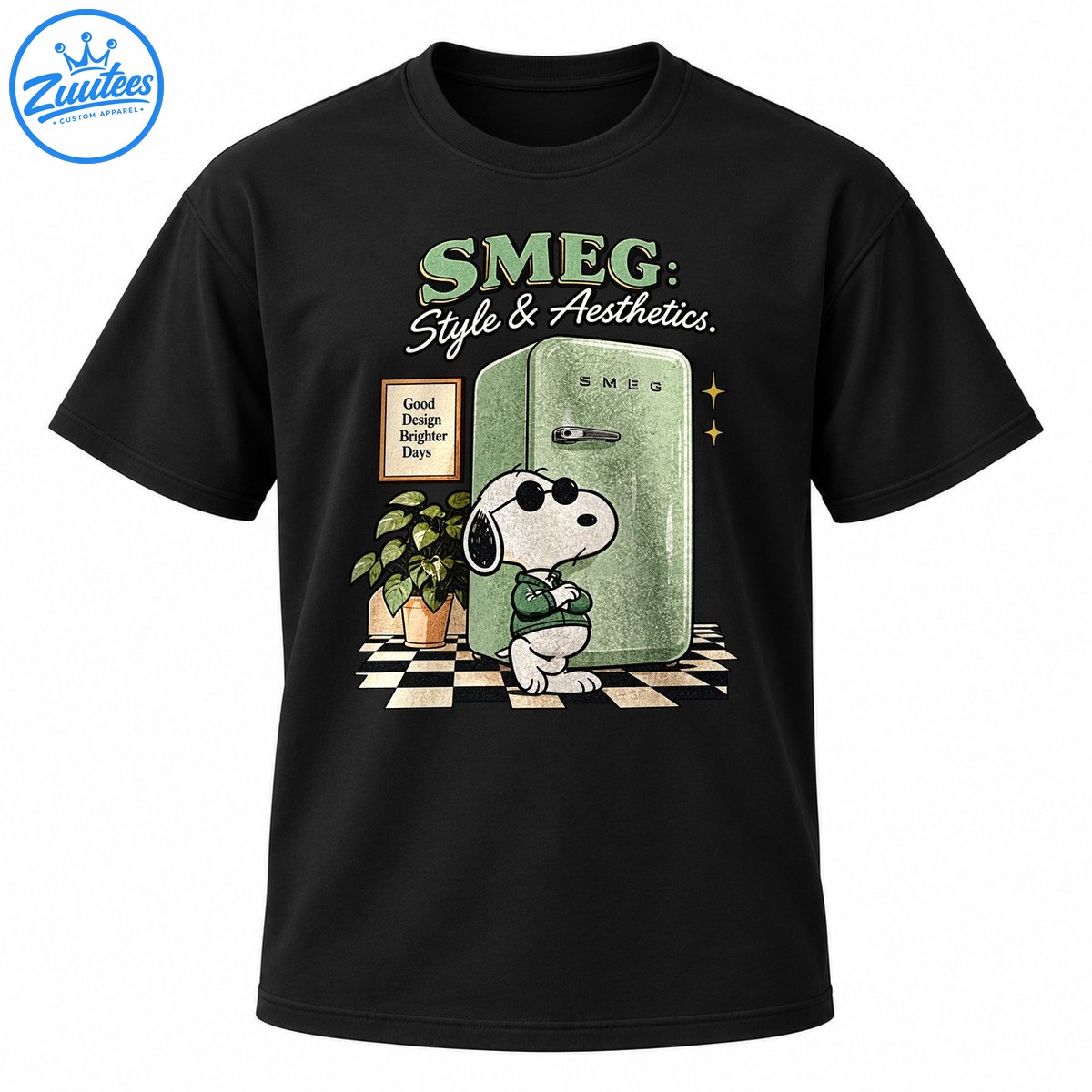 Snoopy in sunglasses and a green sweater beside a mint green retro refrigerator with checkerboard flooring and vintage lettering. Snoopy in sunglasses and a green sweater beside a mint green retro refrigerator with checkerboard flooring and vintage lettering.