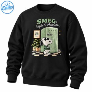 Snoopy in sunglasses and a green sweater beside a mint green retro refrigerator with checkerboard flooring and vintage lettering.