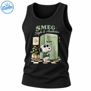 Snoopy in sunglasses and a green sweater beside a mint green retro refrigerator with checkerboard flooring and vintage lettering.