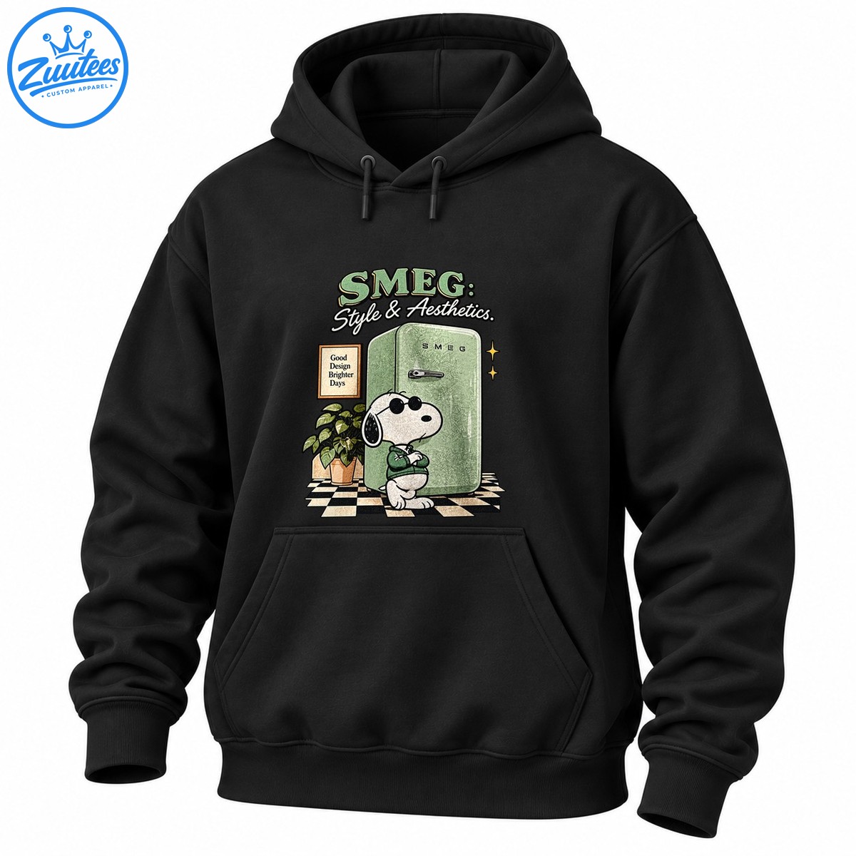 Snoopy in sunglasses and a green sweater beside a mint green retro refrigerator with checkerboard flooring and vintage lettering. Snoopy in sunglasses and a green sweater beside a mint green retro refrigerator with checkerboard flooring and vintage lettering.