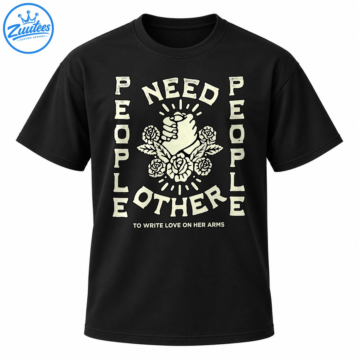 People Need People design with clasped hands, vintage roses, distressed ivory lettering, and a message of connection People Need People design with clasped hands, vintage roses, distressed ivory lettering, and a message of connection
