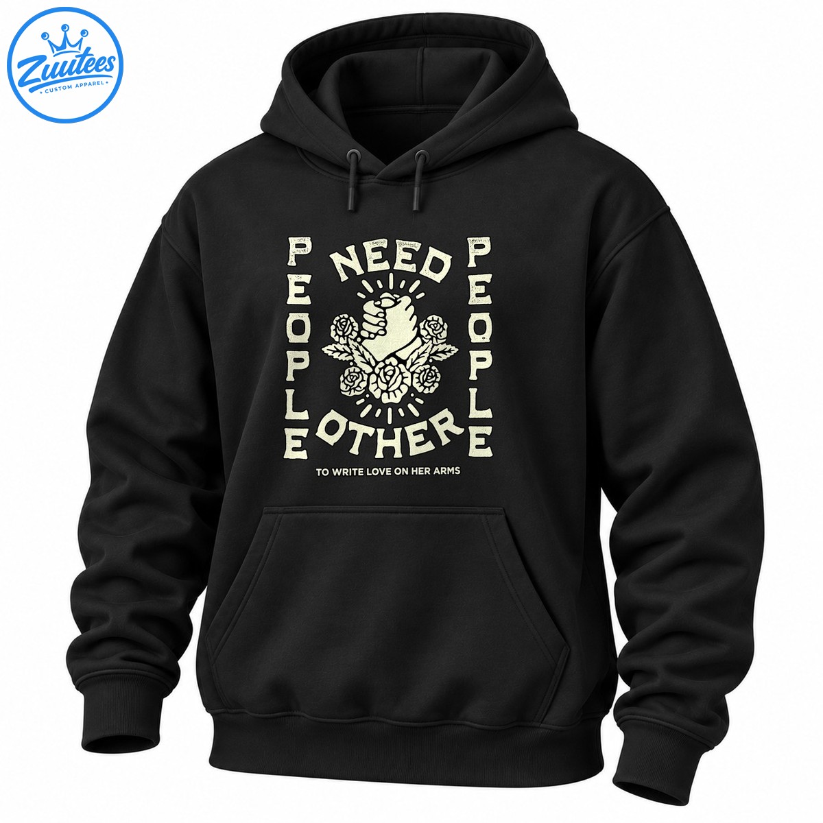 People Need People design with clasped hands, vintage roses, distressed ivory lettering, and a message of connection People Need People design with clasped hands, vintage roses, distressed ivory lettering, and a message of connection