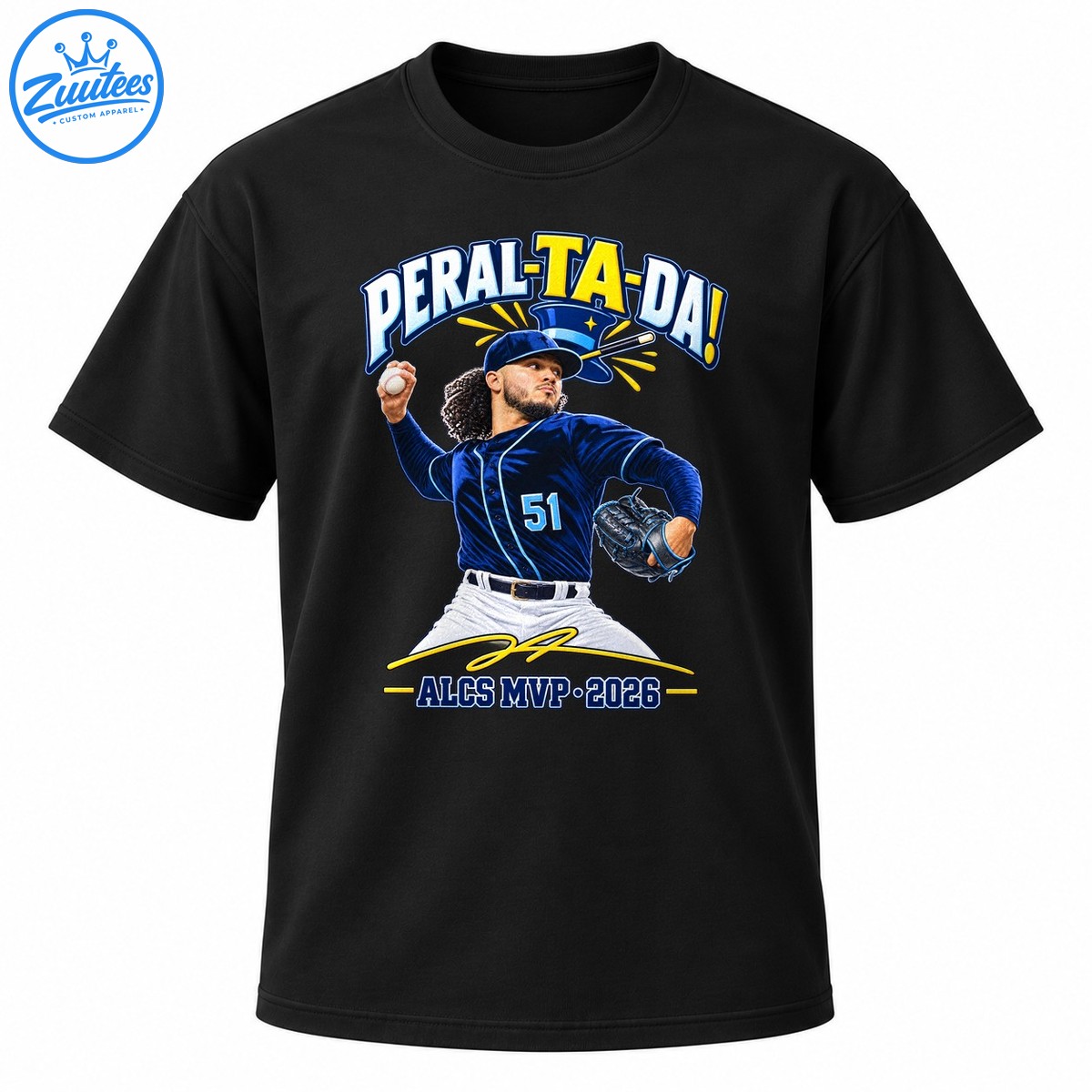 Peral Ta Da baseball graphic with a navy number 51 pitcher, magician hat, gold accents, and ALCS MVP 2026 text Peral Ta Da baseball graphic with a navy number 51 pitcher, magician hat, gold accents, and ALCS MVP 2026 text
