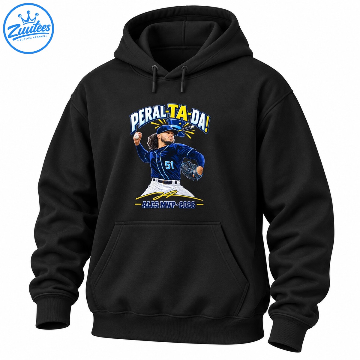 Peral Ta Da baseball graphic with a navy number 51 pitcher, magician hat, gold accents, and ALCS MVP 2026 text Peral Ta Da baseball graphic with a navy number 51 pitcher, magician hat, gold accents, and ALCS MVP 2026 text