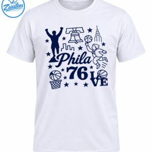Navy blue Philadelphia basketball design with Phila script, 76, LOVE, basketballs, stars, city landmarks, and figures