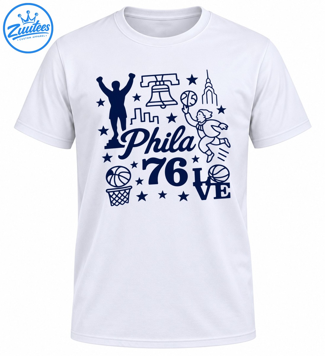 Navy blue Philadelphia basketball design with Phila script, 76, LOVE, basketballs, stars, city landmarks, and figures Navy blue Philadelphia basketball design with Phila script, 76, LOVE, basketballs, stars, city landmarks, and figures