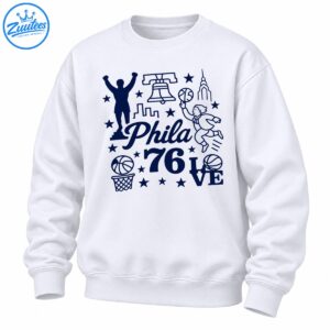 Navy blue Philadelphia basketball design with Phila script, 76, LOVE, basketballs, stars, city landmarks, and figures