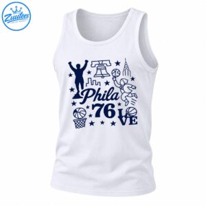Navy blue Philadelphia basketball design with Phila script, 76, LOVE, basketballs, stars, city landmarks, and figures