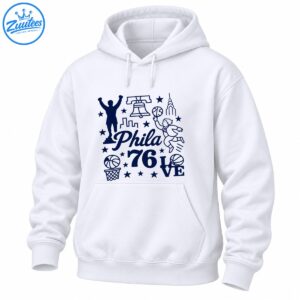 Navy blue Philadelphia basketball design with Phila script, 76, LOVE, basketballs, stars, city landmarks, and figures