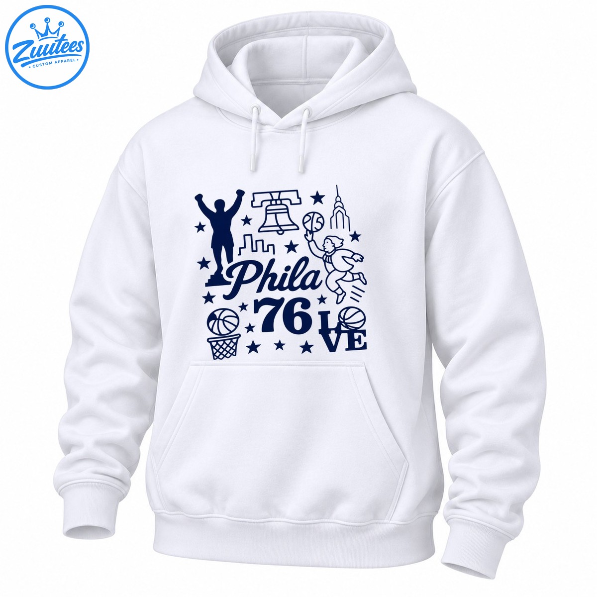 Navy blue Philadelphia basketball design with Phila script, 76, LOVE, basketballs, stars, city landmarks, and figures Navy blue Philadelphia basketball design with Phila script, 76, LOVE, basketballs, stars, city landmarks, and figures