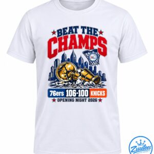 Philadelphia basketball graphic with BEAT THE CHAMPS, a shattered gold trophy, city skyline, and 76ers 106-100 Knicks score.