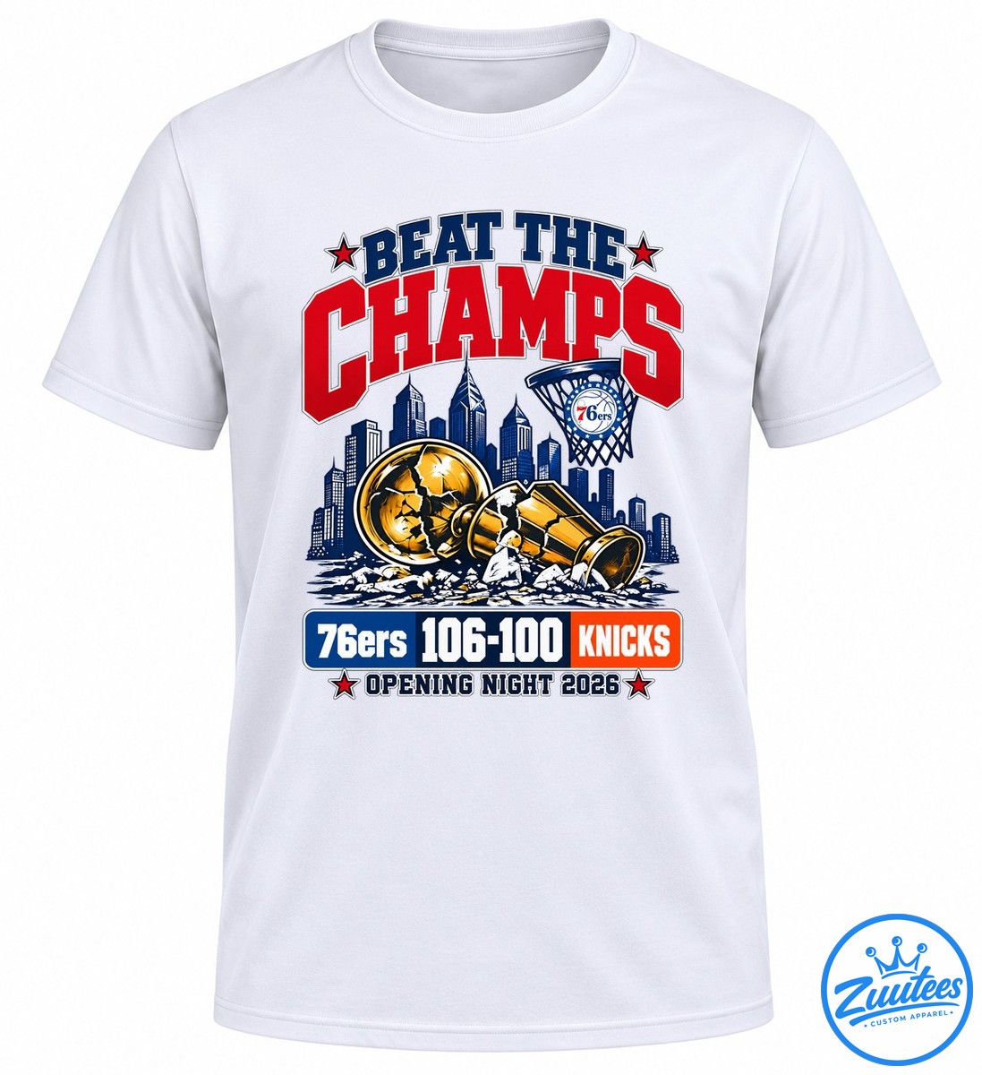 Philadelphia basketball graphic with BEAT THE CHAMPS, a shattered gold trophy, city skyline, and 76ers 106 100 Knicks score. Philadelphia basketball graphic with BEAT THE CHAMPS, a shattered gold trophy, city skyline, and 76ers 106-100 Knicks score.