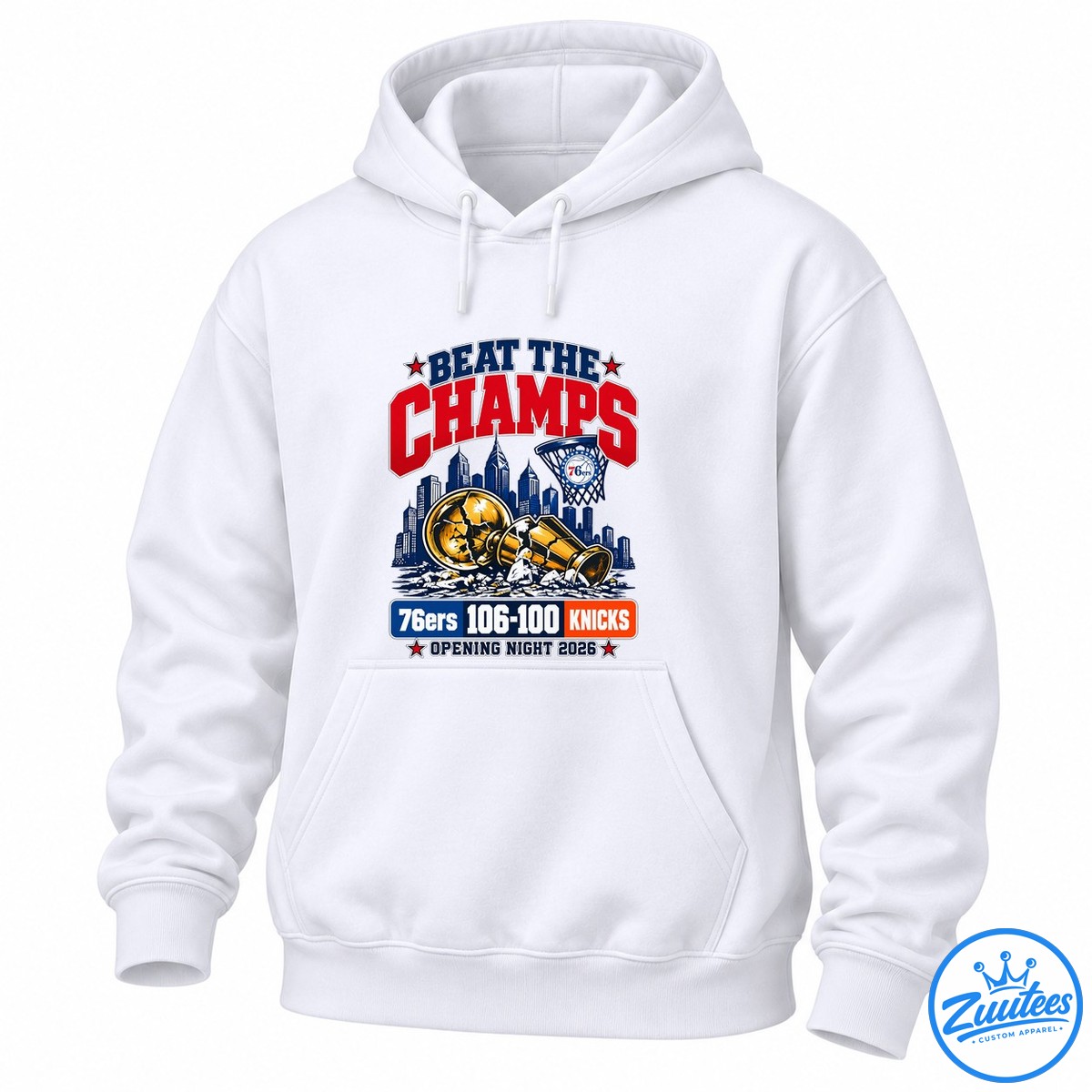 Philadelphia basketball graphic with BEAT THE CHAMPS, a shattered gold trophy, city skyline, and 76ers 106 100 Knicks score. Philadelphia basketball graphic with BEAT THE CHAMPS, a shattered gold trophy, city skyline, and 76ers 106-100 Knicks score.