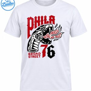 Philadelphia-inspired graphic with red PHILA lettering, a black and white snake, Process We Trust banner, Broad Street text, and number 76.