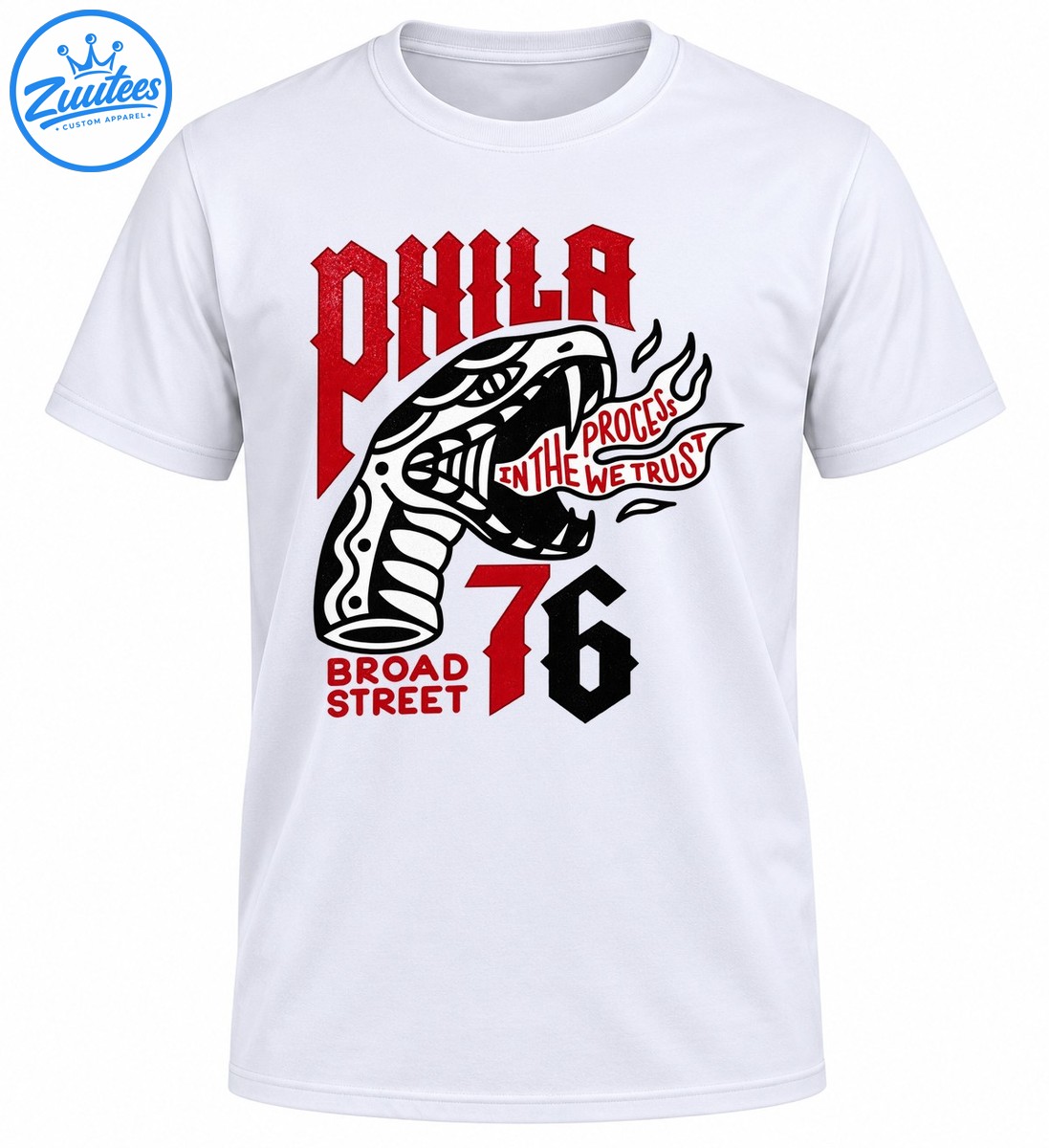 Philadelphia inspired graphic with red PHILA lettering, a black and white snake, Process We Trust banner, Broad Street text, and number 76. Philadelphia-inspired graphic with red PHILA lettering, a black and white snake, Process We Trust banner, Broad Street text, and number 76.