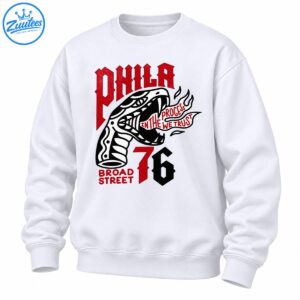 Philadelphia-inspired graphic with red PHILA lettering, a black and white snake, Process We Trust banner, Broad Street text, and number 76.