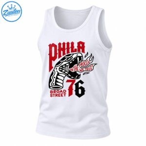 Philadelphia-inspired graphic with red PHILA lettering, a black and white snake, Process We Trust banner, Broad Street text, and number 76.