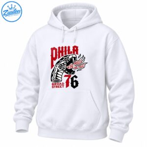 Philadelphia-inspired graphic with red PHILA lettering, a black and white snake, Process We Trust banner, Broad Street text, and number 76.