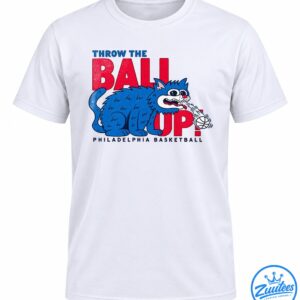 Blue cartoon cat shooting a flaming basketball over distressed red BALL UP lettering with Philadelphia Basketball text.