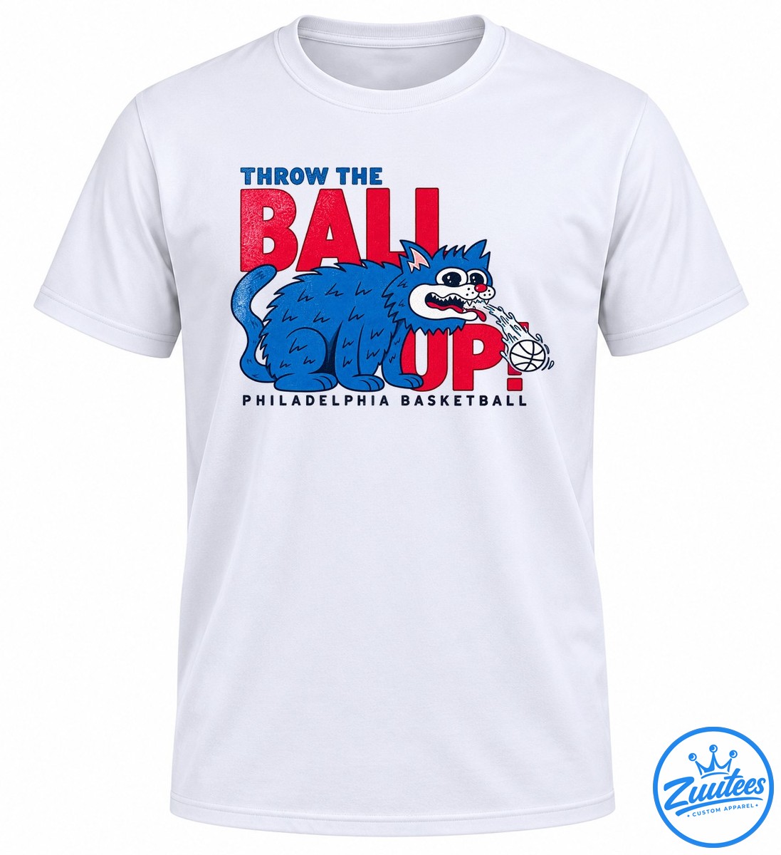 Philadelphia 76ers Throw The Ball Up Cat Shirt Blue cartoon cat shooting a flaming basketball over distressed red BALL UP lettering with Philadelphia Basketball text.