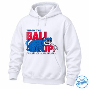 Blue cartoon cat shooting a flaming basketball over distressed red BALL UP lettering with Philadelphia Basketball text.