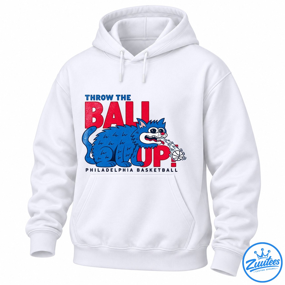 Philadelphia 76ers Throw The Ball Up Cat Shirt Blue cartoon cat shooting a flaming basketball over distressed red BALL UP lettering with Philadelphia Basketball text.