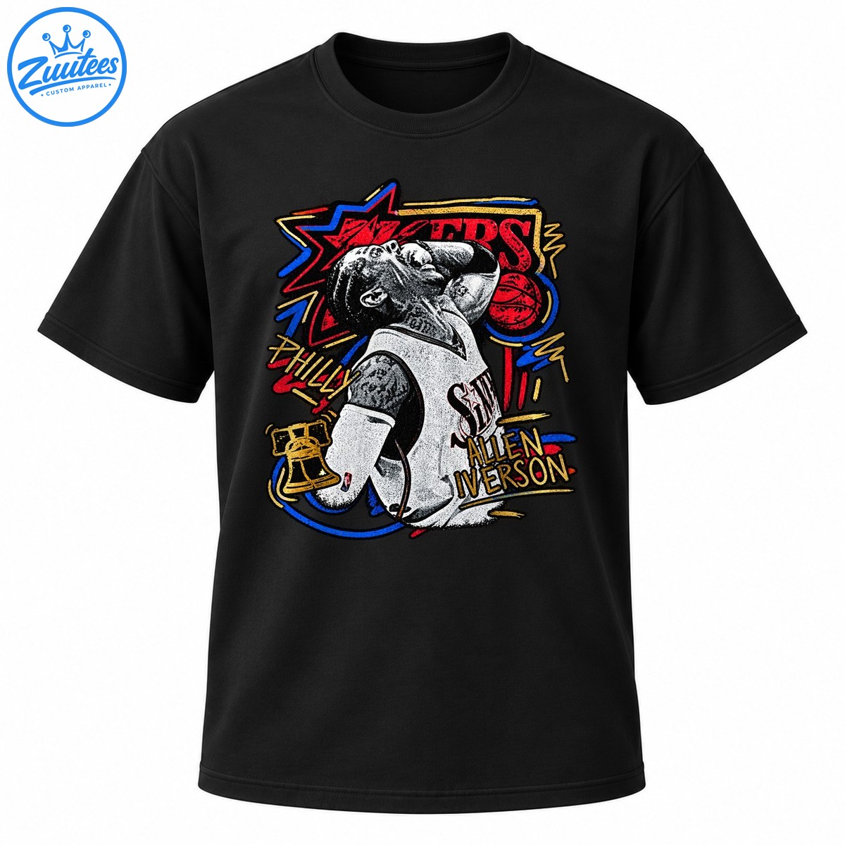 Vintage basketball graphic featuring a black and white player portrait, red lettering, blue and gold outlines, and basketball artwork Vintage basketball graphic featuring a black-and-white player portrait, red lettering, blue and gold outlines, and basketball artwork