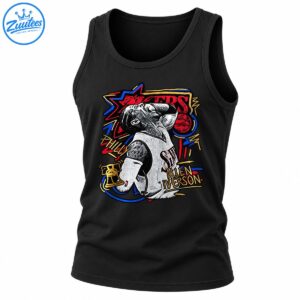 Vintage basketball graphic featuring a black-and-white player portrait, red lettering, blue and gold outlines, and basketball artwork