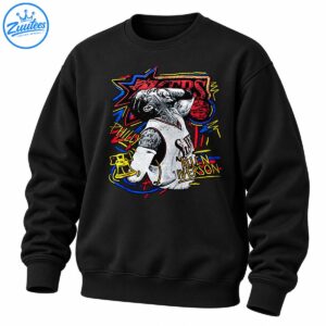 Allen Iverson basketball portrait with red SIXERS lettering, blue and yellow graffiti, basketball, and Liberty Bell