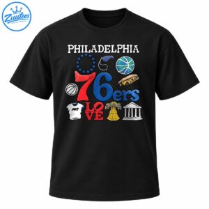 Philadelphia 76ers graphic with red and blue lettering, stars, basketballs, cheesesteak, LOVE sculpture, Liberty Bell, and landmark