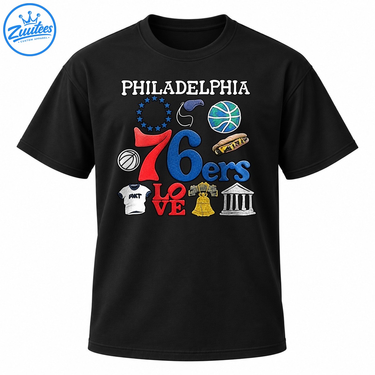 Philadelphia 76ers graphic with red and blue lettering, stars, basketballs, cheesesteak, LOVE sculpture, Liberty Bell, and landmark Philadelphia 76ers graphic with red and blue lettering, stars, basketballs, cheesesteak, LOVE sculpture, Liberty Bell, and landmark