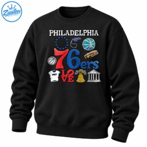 Philadelphia 76ers graphic with red and blue lettering, stars, basketballs, cheesesteak, LOVE sculpture, Liberty Bell, and landmark