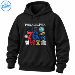 Philadelphia 76ers graphic with red and blue lettering, stars, basketballs, cheesesteak, LOVE sculpture, Liberty Bell, and landmark