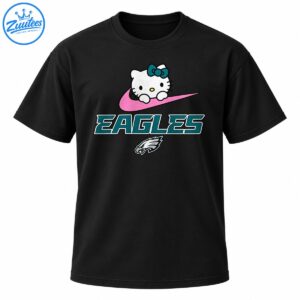 Hello Kitty with a teal bow on a pink swoosh above teal EAGLES lettering and an eagle head emblem