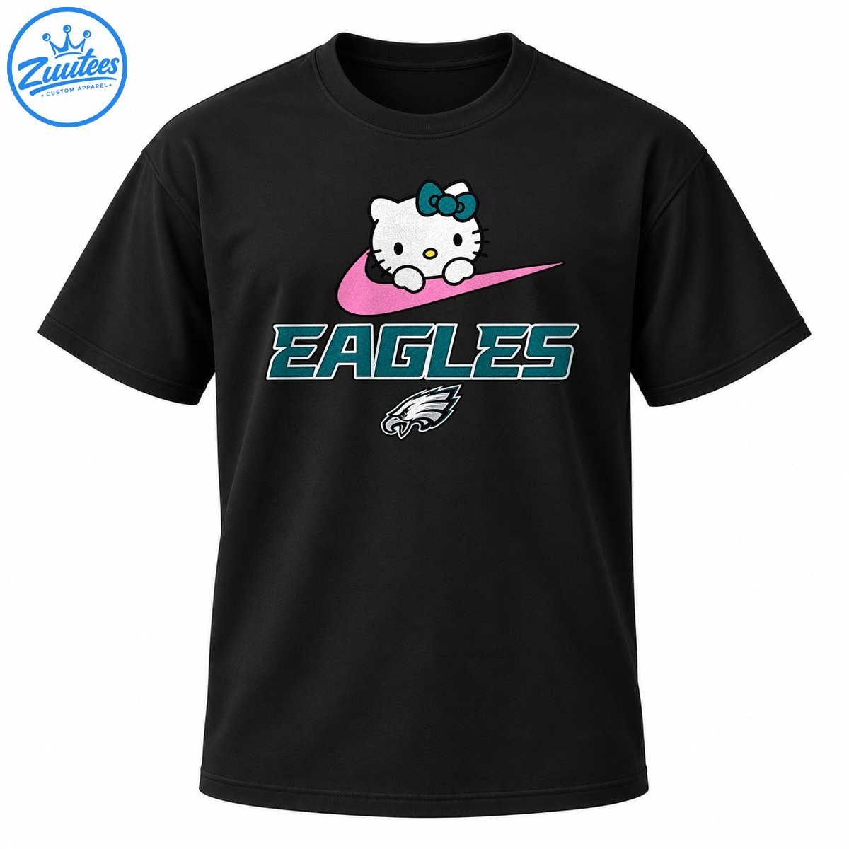 Hello Kitty with a teal bow on a pink swoosh above teal EAGLES lettering and an eagle head emblem Hello Kitty with a teal bow on a pink swoosh above teal EAGLES lettering and an eagle head emblem
