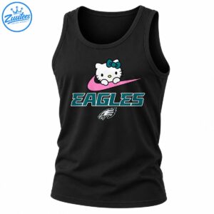 Hello Kitty with a teal bow on a pink swoosh above teal EAGLES lettering and an eagle head emblem
