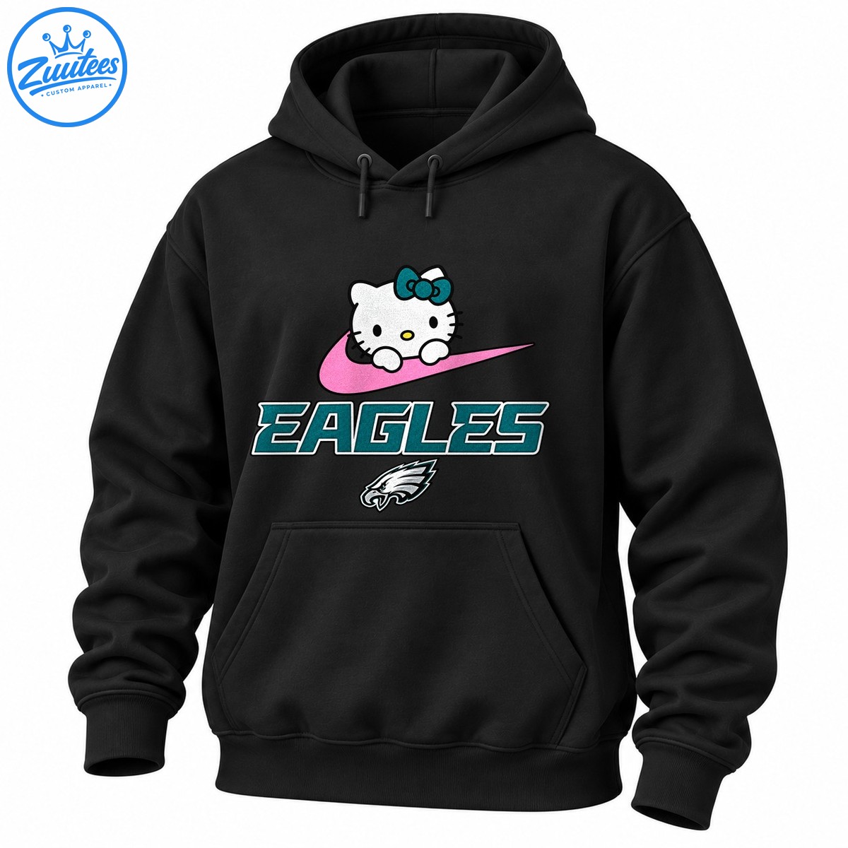 Hello Kitty with a teal bow on a pink swoosh above teal EAGLES lettering and an eagle head emblem Hello Kitty with a teal bow on a pink swoosh above teal EAGLES lettering and an eagle head emblem