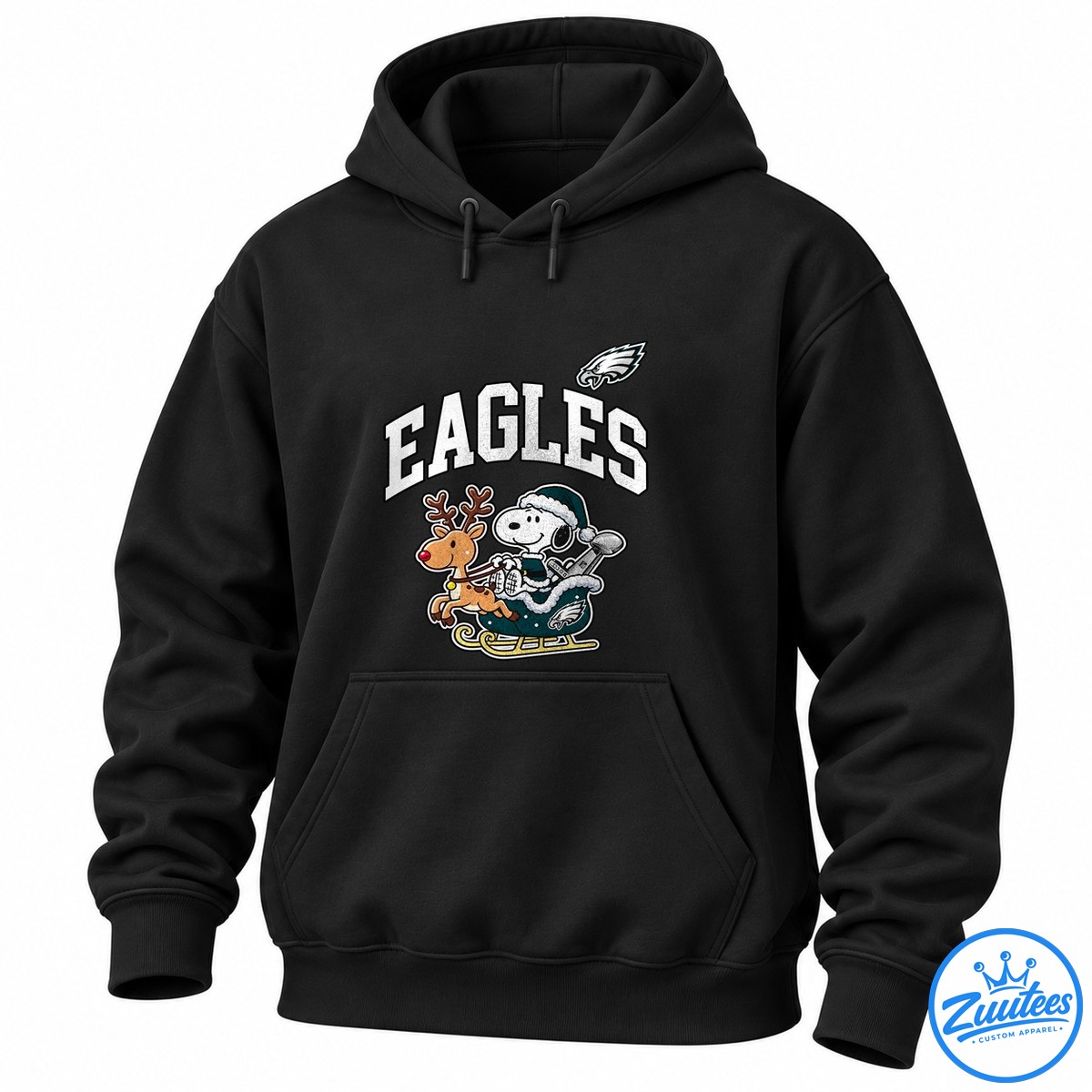 Philadelphia Eagles X Peanuts Snoopy Super Bowl Fly Eagles Fly Cartoon Shirt Snoopy in a teal winter outfit rides a sleigh with a red-nosed reindeer beneath bold white EAGLES lettering and an eagle emblem.
